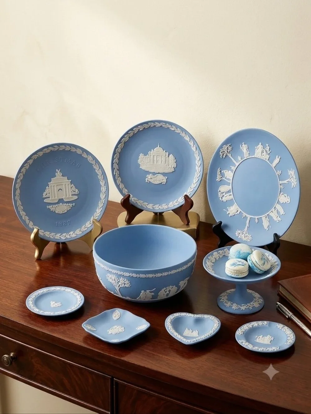 Wedgwood Blue and White Jasperware Decorative Bowl and Plate Set Of 9 Pieces